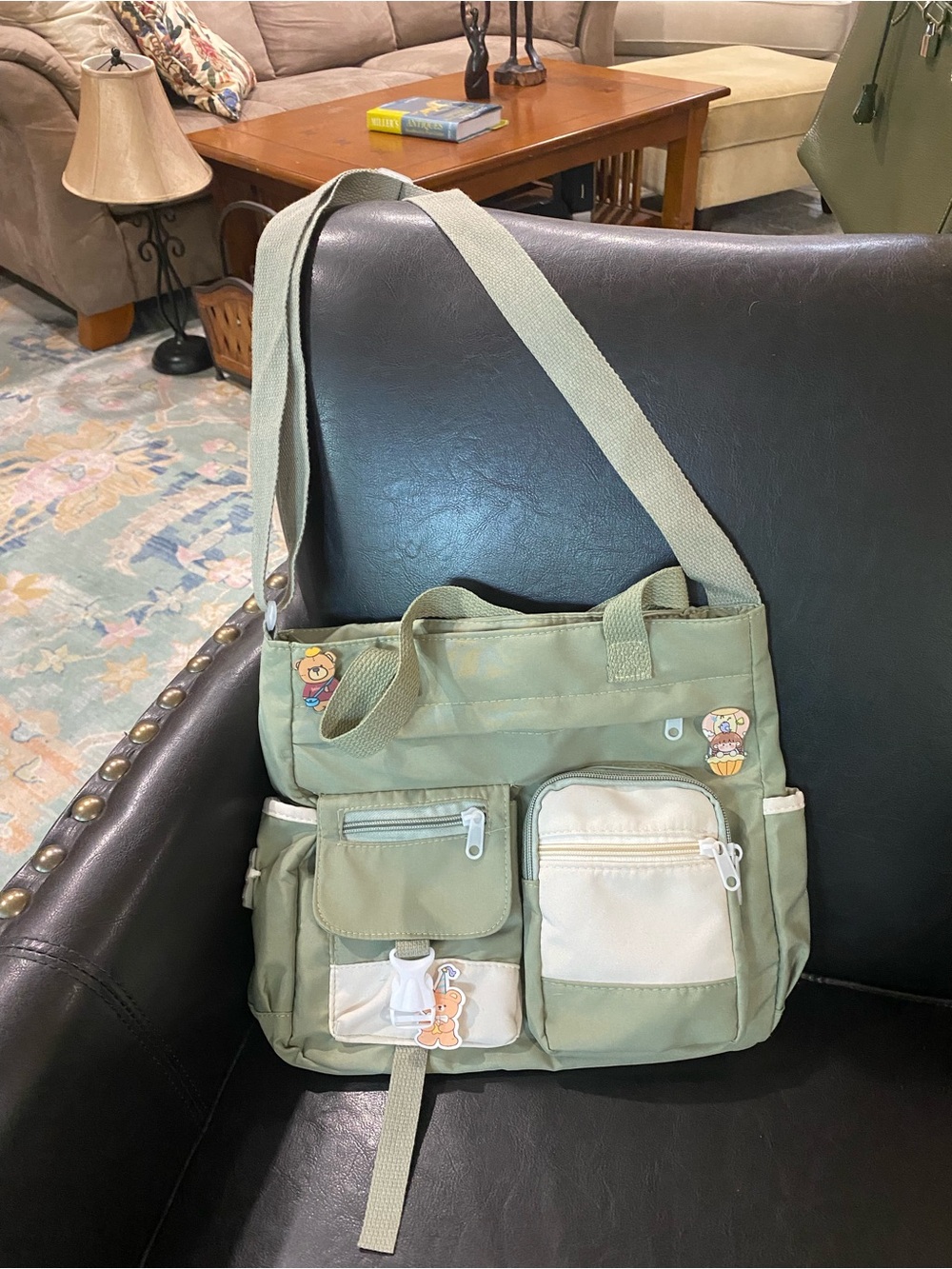 Canvas Utility Shoulder Bag for Men - Olive Green